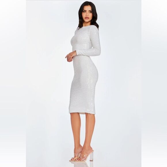 Dress The Population Emery Sequin Long Sleeve Dress in White Large NWT - Picture 3 of 11